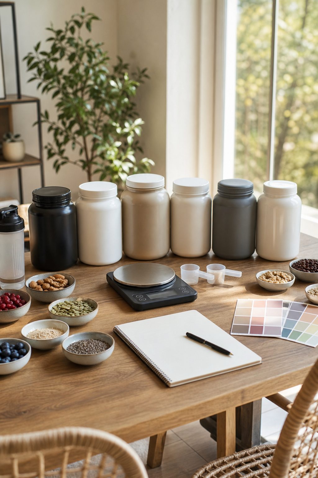 Minimalist kitchen with protein powder containers on a countertop