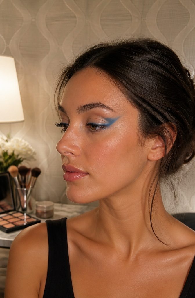 Blue Shadow Eye Makeup: 20 Looks, Styles and Ideas for 2026 18 Model showcasing azure-winged eyeshadow that extends outward.