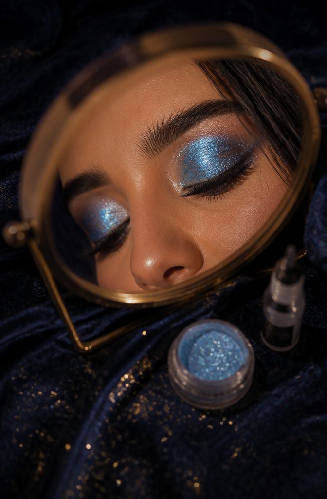 Blue Shadow Eye Makeup: 20 Looks, Styles and Ideas for 2026 9 Close-up of model's eyes with blue glitter eyeshadow applied.