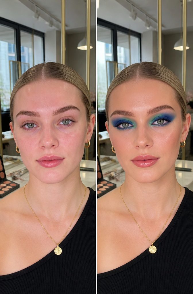 Blue Shadow Eye Makeup: 20 Looks, Styles and Ideas for 2026 10 Model's eyes showcasing a blue and green gradient eyeshadow.