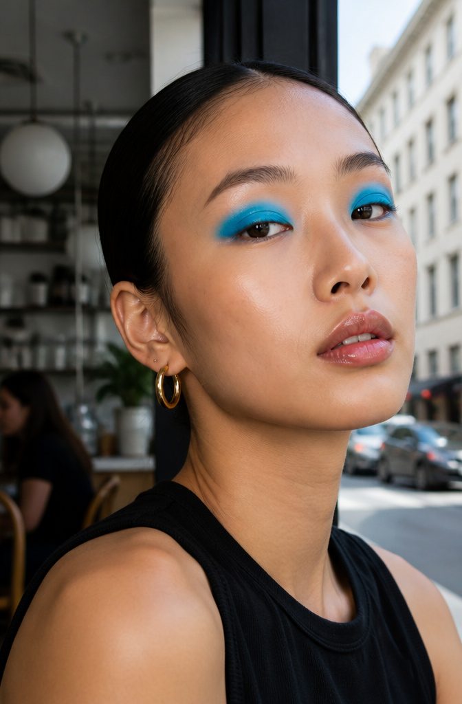 Blue Shadow Eye Makeup: 20 Looks, Styles and Ideas for 2026 7 Model's eyes adorned with bright blue eyeshadow against minimal makeup.