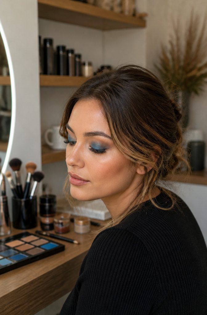 Blue Shadow Eye Makeup: 20 Looks, Styles and Ideas for 2026 4 Model's eyes with mink-brown and vibrant blue eyeshadow blended.