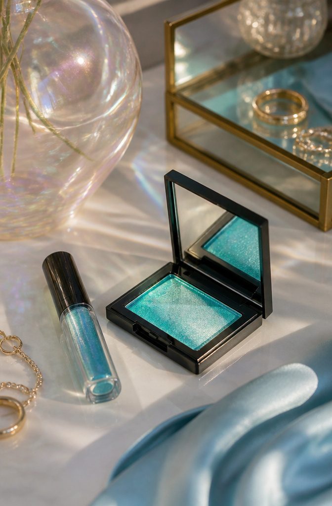 Blue Shadow Eye Makeup: 20 Looks, Styles and Ideas for 2026 13 Model's eyelids shimmering with glossed turquoise eyeshadow.