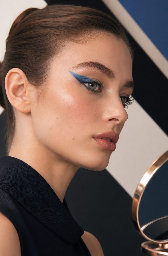 Blue Shadow Eye Makeup: 20 Looks, Styles and Ideas for 2026 16 Model with a sharp blue winged eyeshadow look.