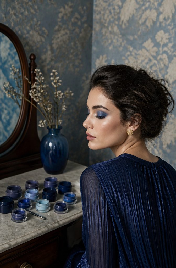Blue Shadow Eye Makeup: 20 Looks, Styles and Ideas for 2026 19 Model with a monochromatic blue eyeshadow look in soft lighting.