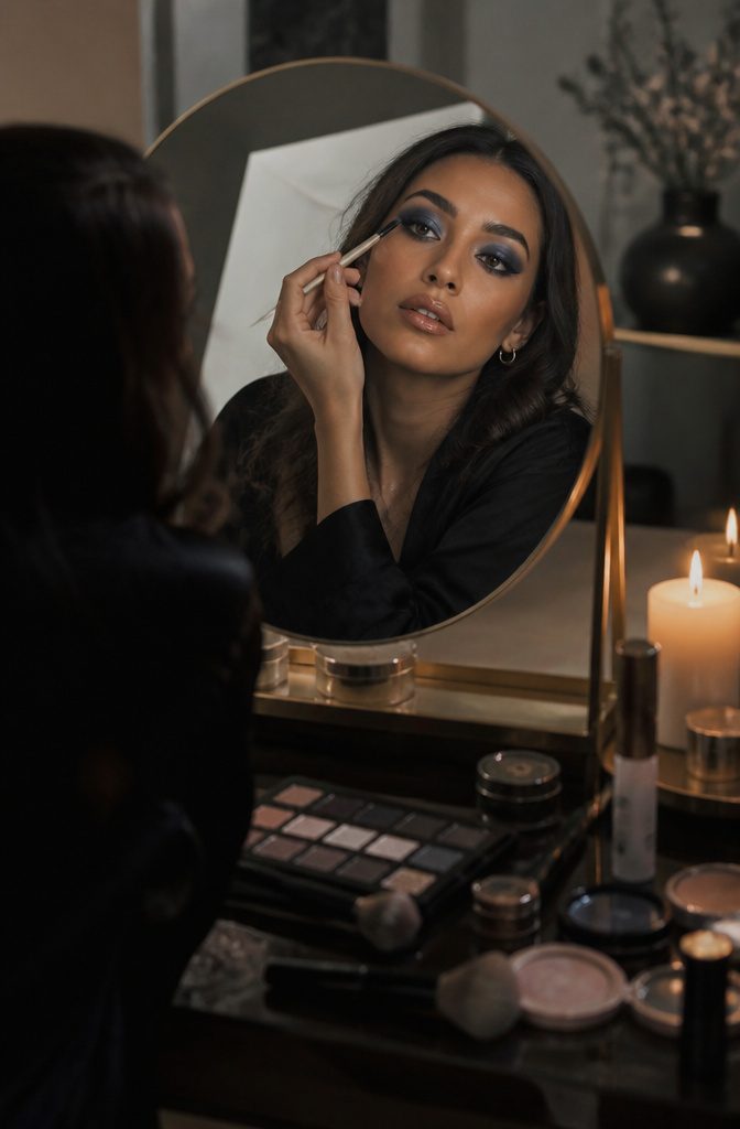Blue Shadow Eye Makeup: 20 Looks, Styles and Ideas for 2026 8 Model's eyes highlighted with deep navy blue eyeshadow.