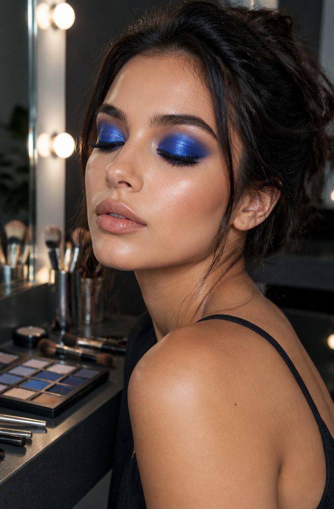 Blue Shadow Eye Makeup: 20 Looks, Styles and Ideas for 2026 6 Model showcasing a bold royal blue eyeshadow on her eyelids.