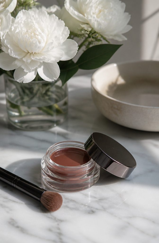Chantecaille Cheek Gelee in Thrill displayed with soft flowers.