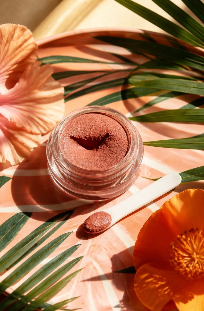 e.l.f. Putty Blush in Tahiti displayed with tropical decorations.