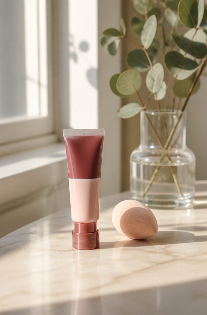 Glossier Cloud Paint in Haze next to a sprig of eucalyptus.
