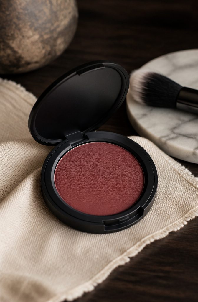 Mented Cosmetics Blush in Berried Away compact shown on a textured background.