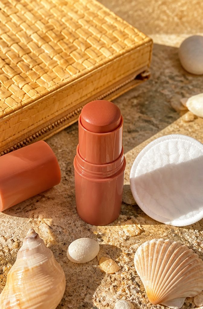 TOWER 28 BeachPlease Lip + Cheek Cream Blush shown with beach-themed decor.