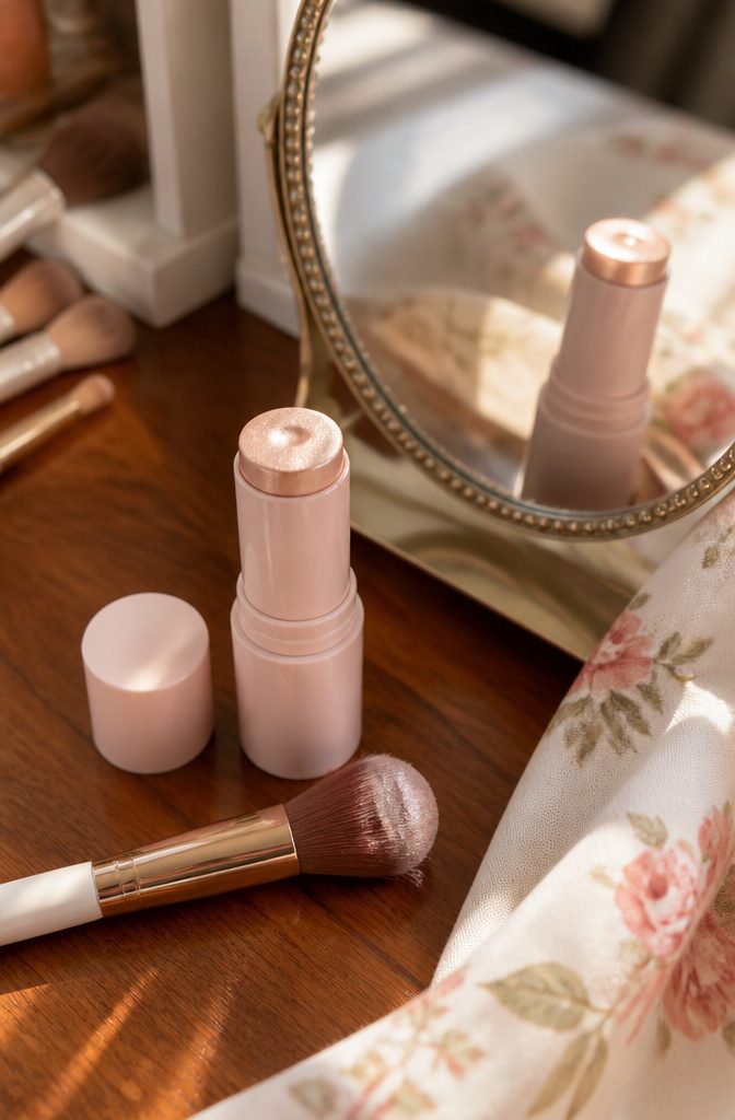 Glint Stick Highlighter placed near a mirror and brushes.
