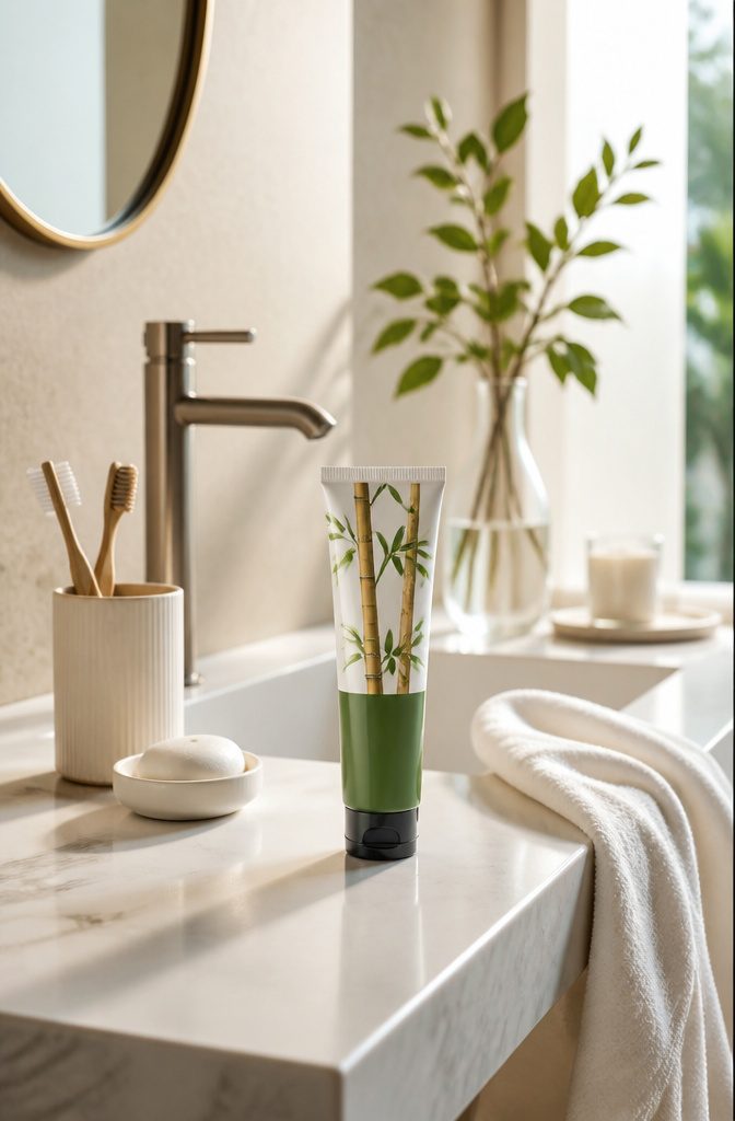 Bamboo salt toothpaste on a sleek bathroom sink.