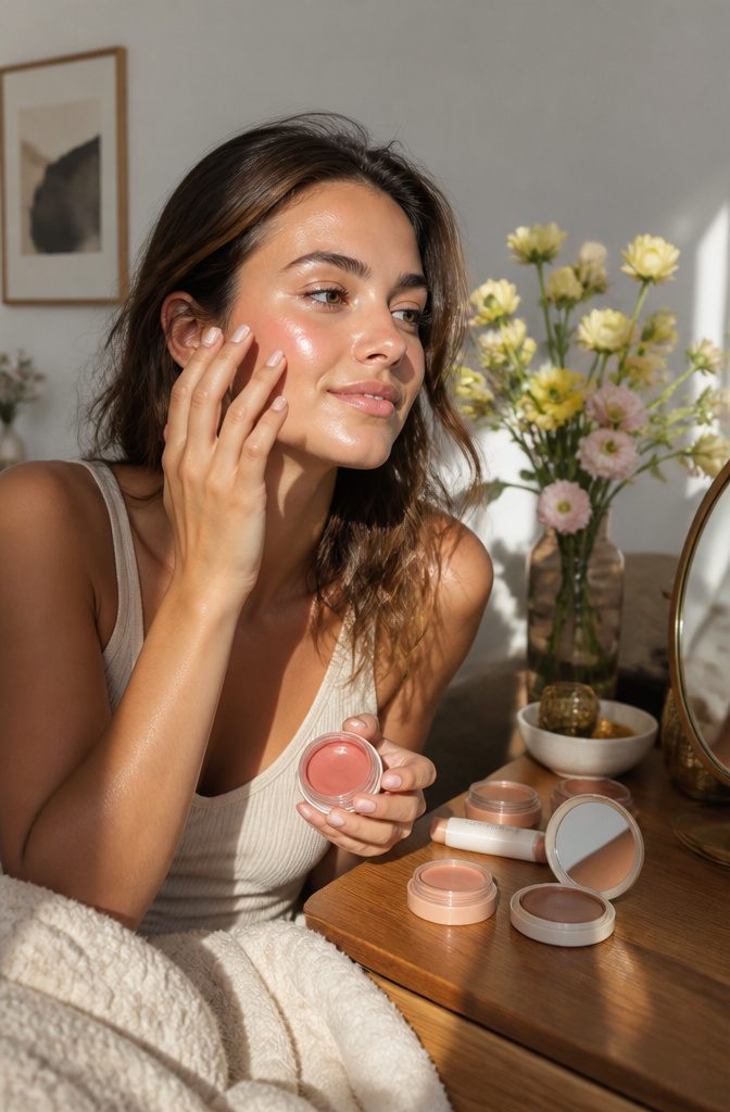 Model using cream blush in a bright, floral room.