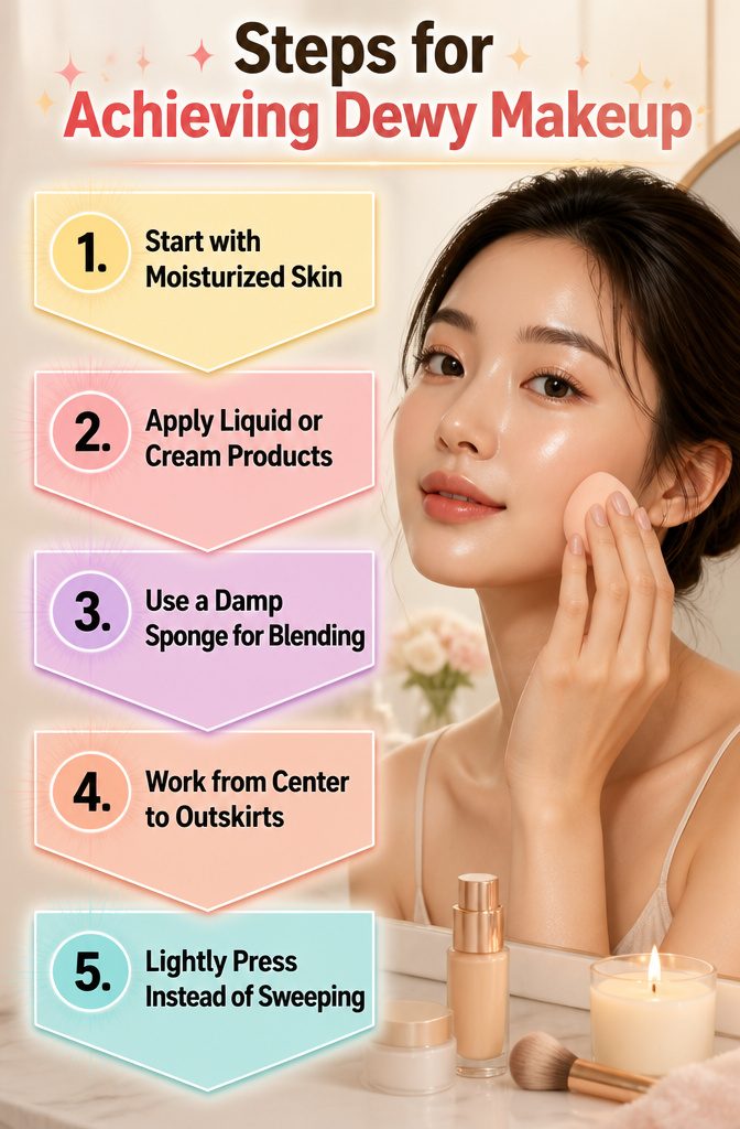 Diagram showing application techniques for dewy makeup.