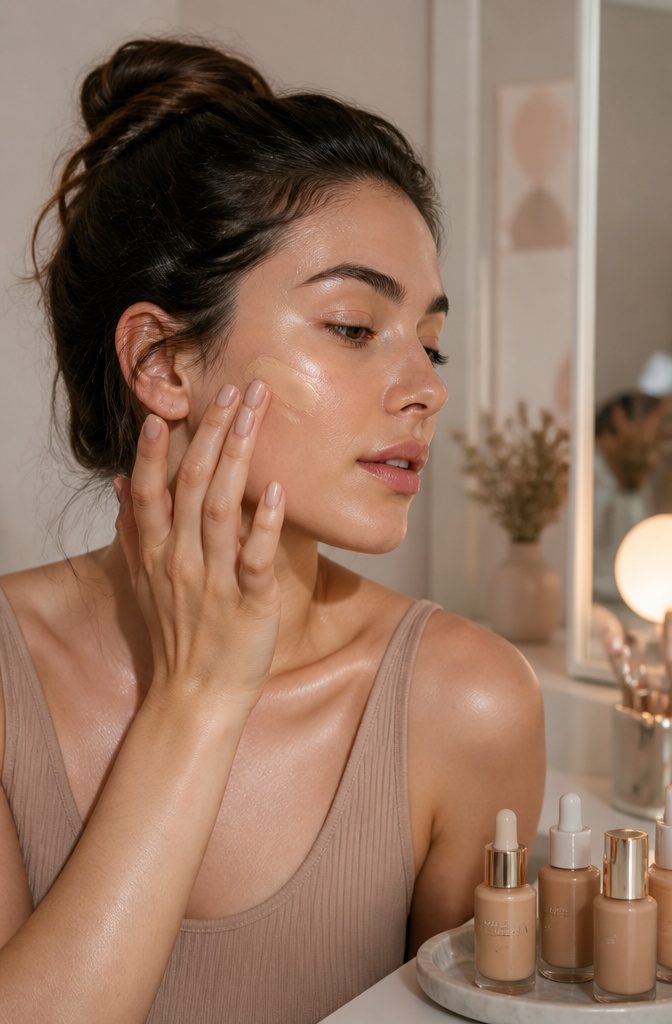 Model applying foundation in a well-lit area.