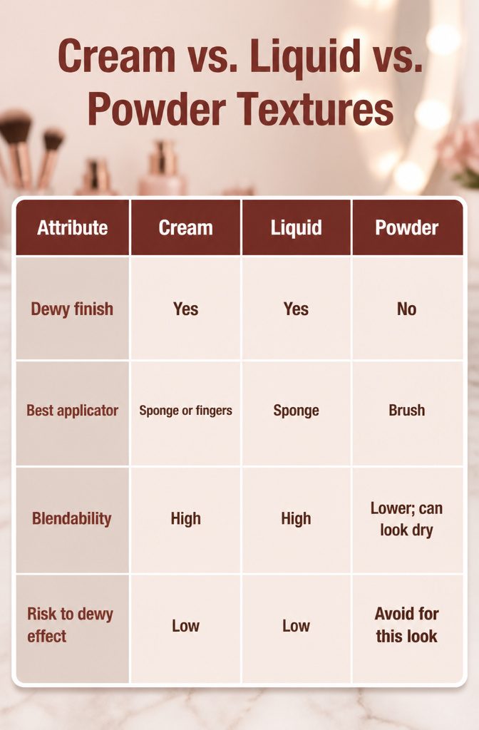 Chart comparing cream, liquid, and powder makeup textures.