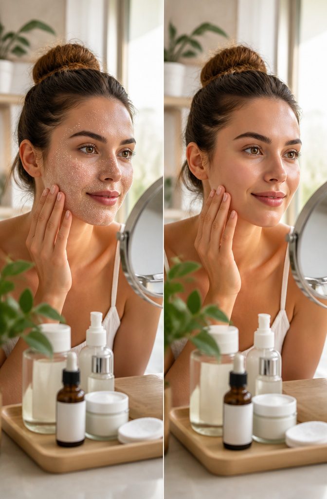 Model in a bright bathroom showing exfoliation treatment.