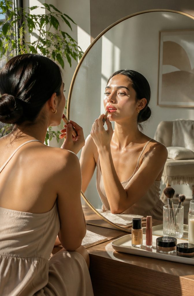 Model applying tinted lip balm in a sunlit living space.