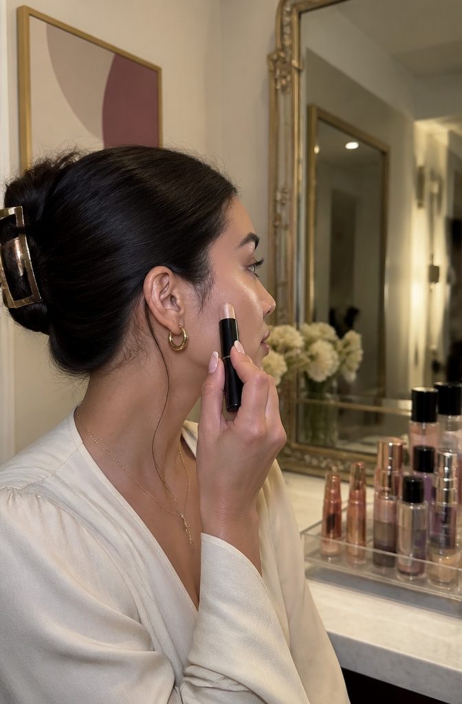 Model applying cream highlighter in an elegantly designed dressing area.