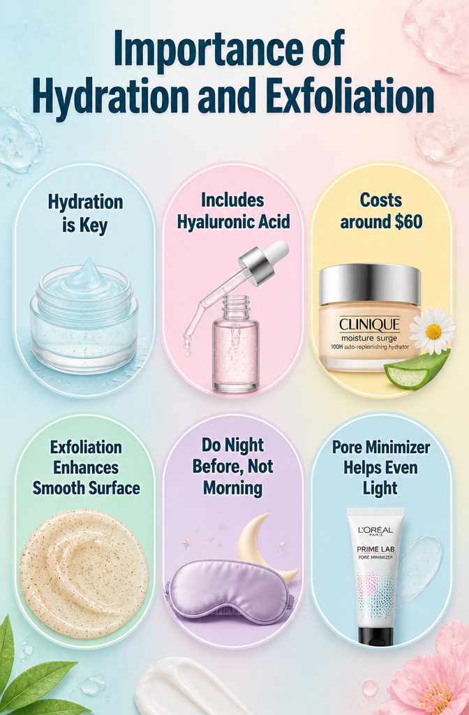 Graphic emphasizing hydration and exfoliation for makeup.