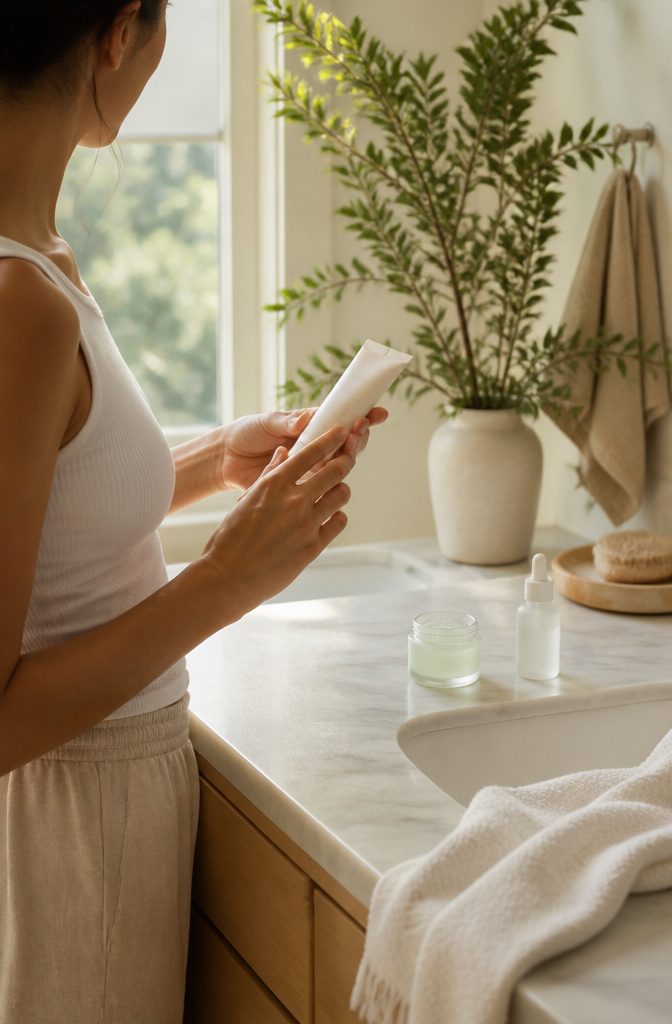 Model holding moisturizer at a marble vanity in a bright bathroom.