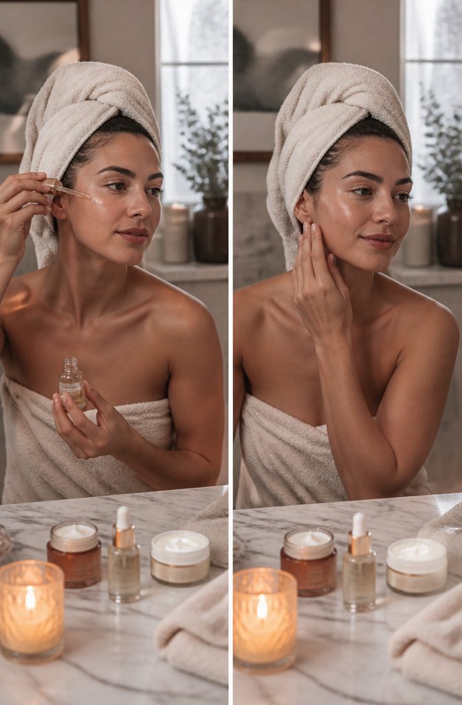 Model applying skincare adjustments for winter makeup routine.