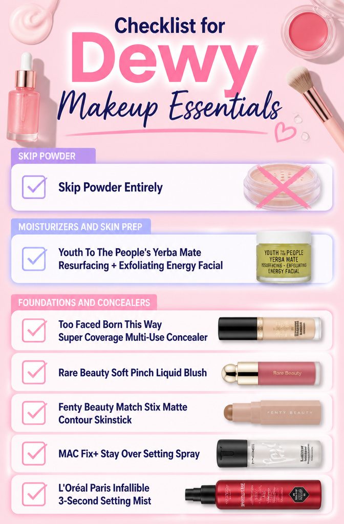 Checklist of beauty products for dewy makeup essentials.