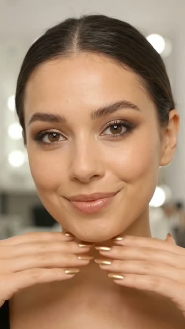 Woman with timeless elegant makeup, neutral tones, and gold nails posing for portrait