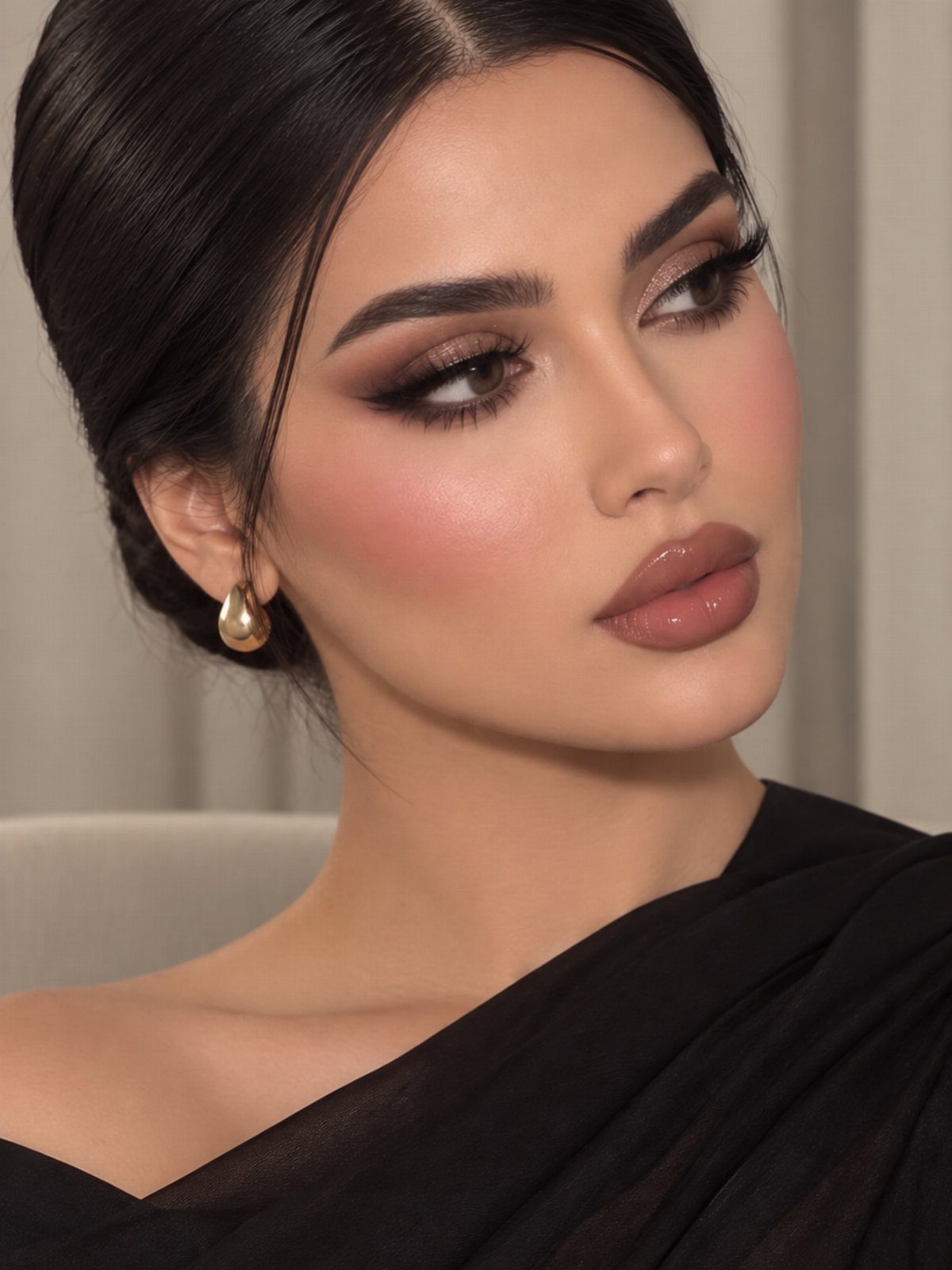Woman with a smokey eye makeup look, glossy nude lips, and dark hair.