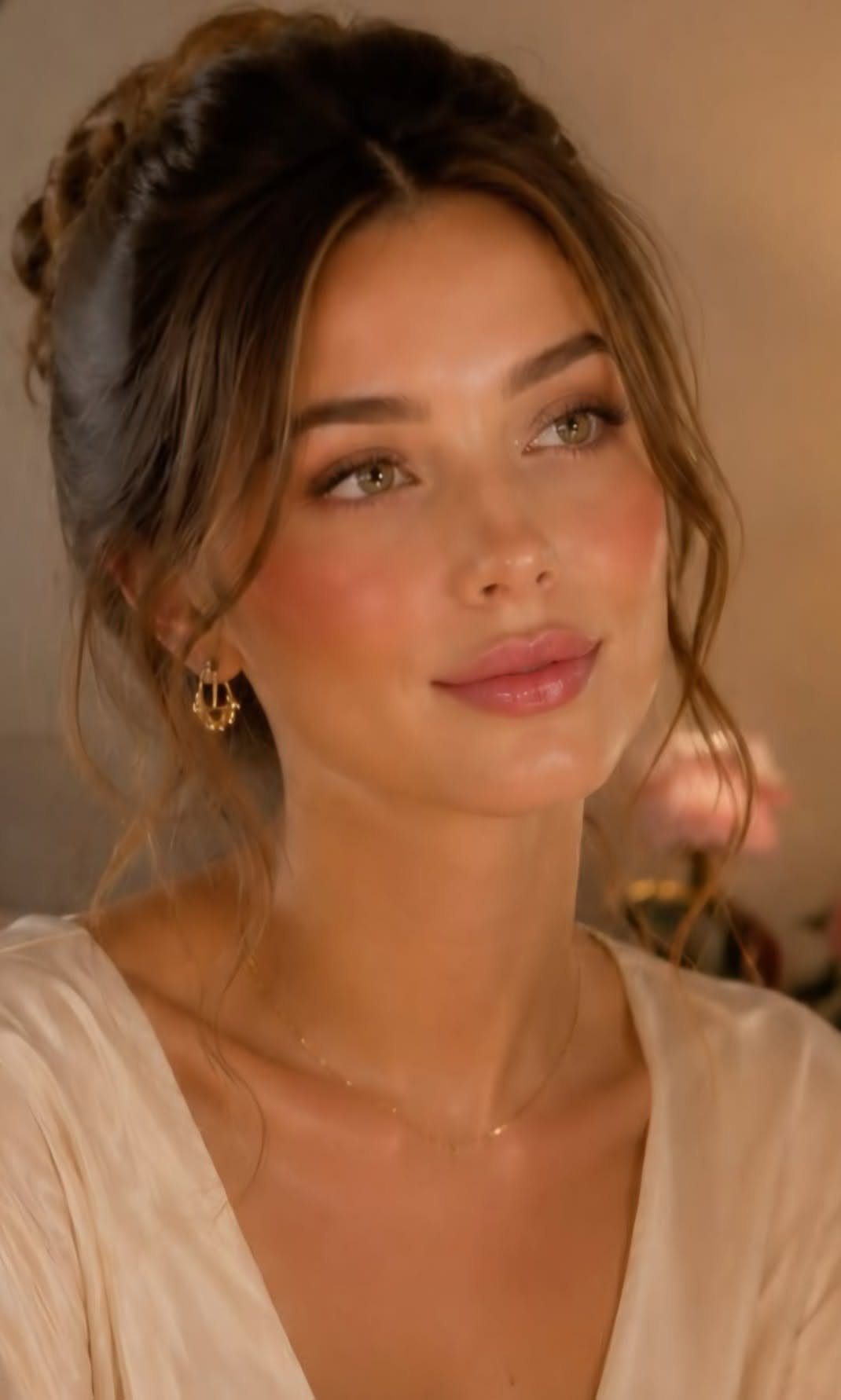 Woman with glam makeup featuring sculpted contoured cheeks and glossy nude lips.