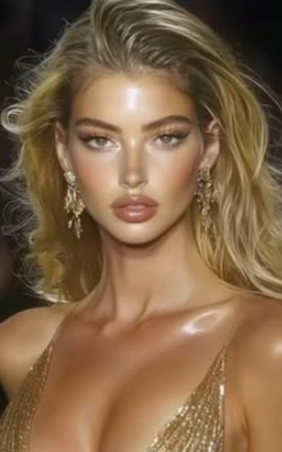 Woman with glam makeup and shimmering gold highlighter on her cheeks and collarbones.