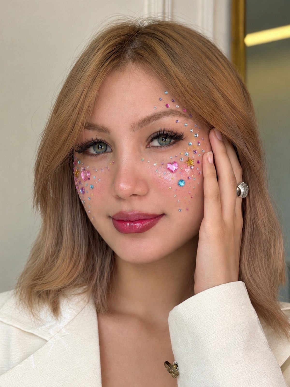 8 Eye Gem Ideas for Sparkly Party Makeup Looks 2 Woman with colorful rhinestone and star gems applied as freckles on her cheeks.