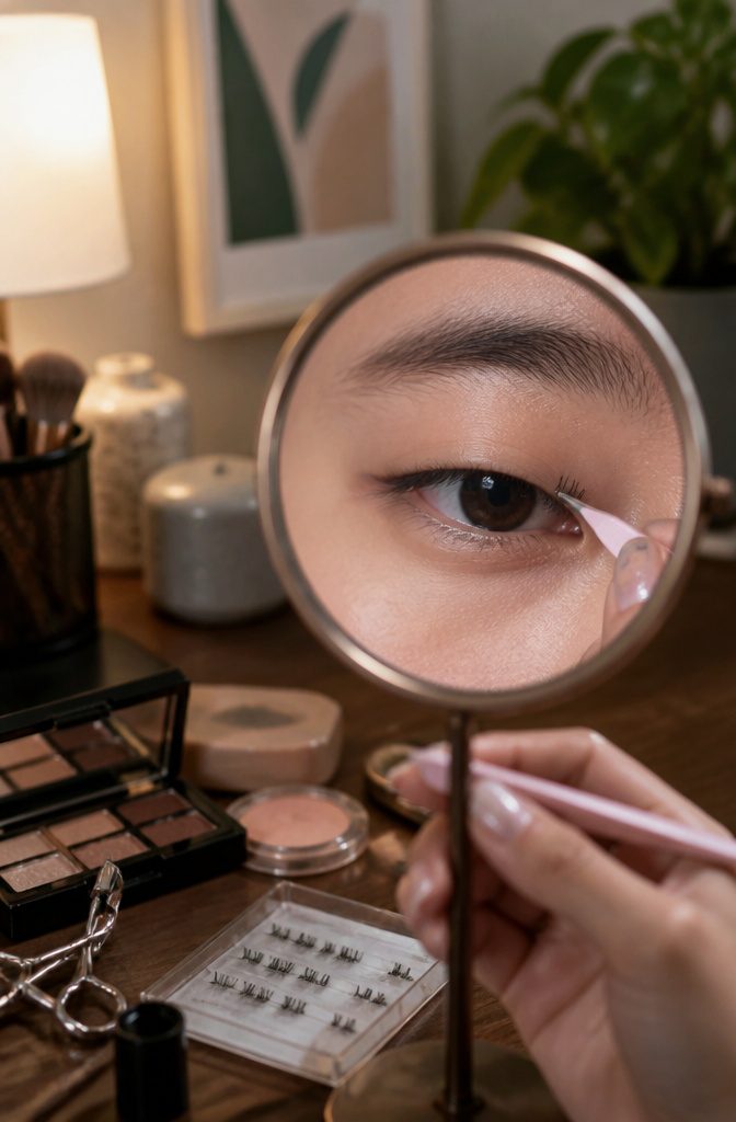 Monolid eye featuring individual false lashes placed at the outer edge.