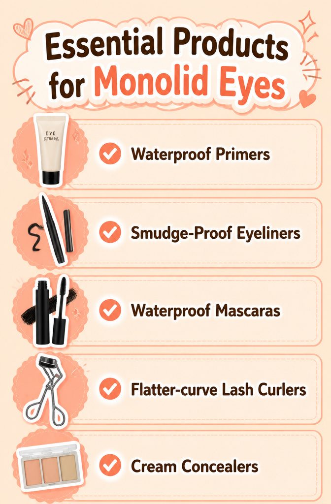 Display of makeup products designed for monolid eyes.