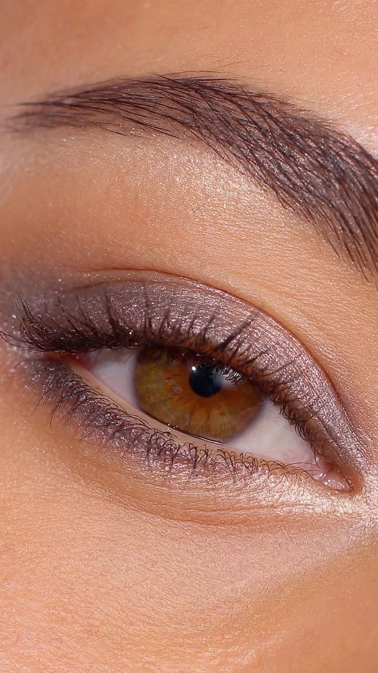Eye with taupe and brown eyeshadow and mascara for a natural look.