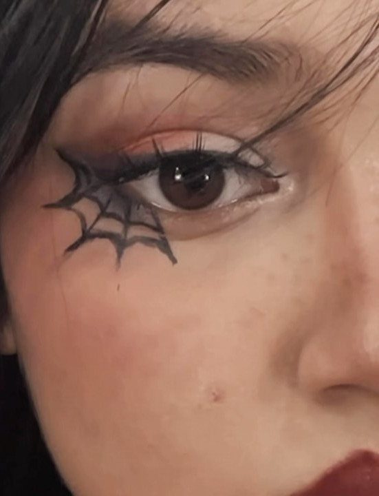 Eye with a black spider web eyeliner design and reddish-brown eyeshadow.