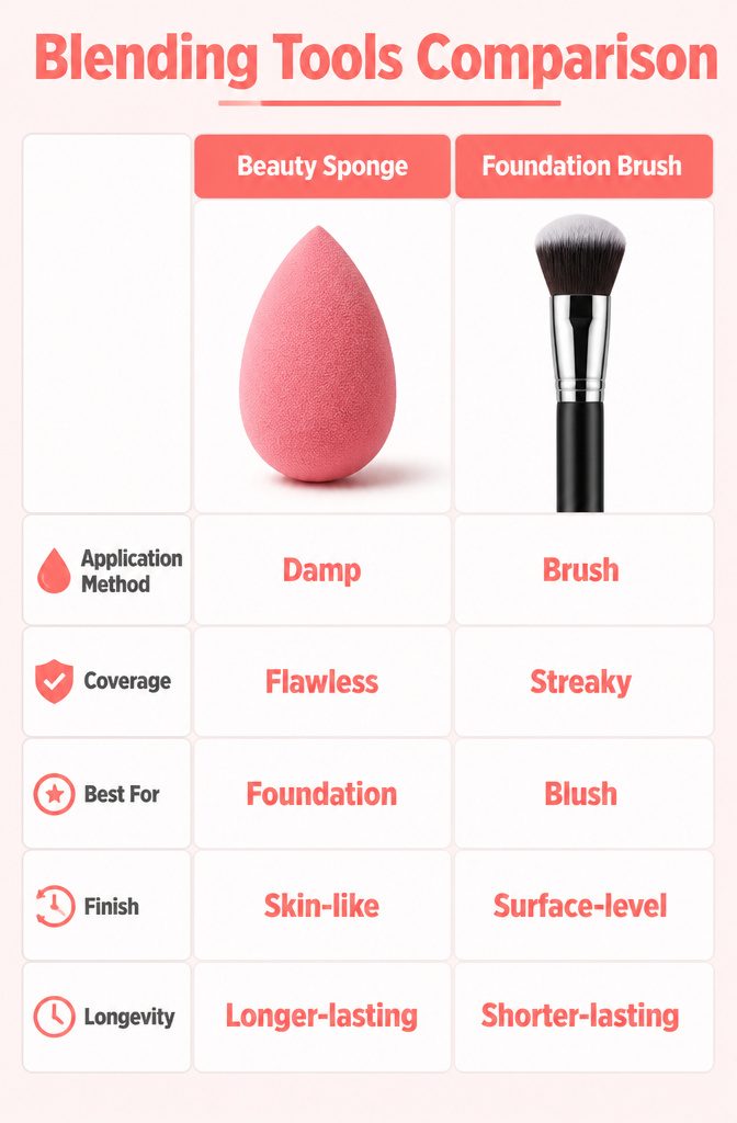 Various blending tools including a beauty sponge and brushes.