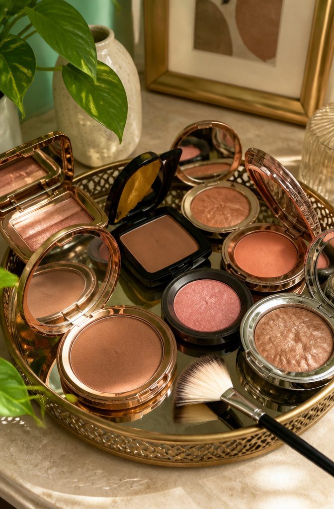 Bronzers, blushes, and highlighters displayed on a golden tray.