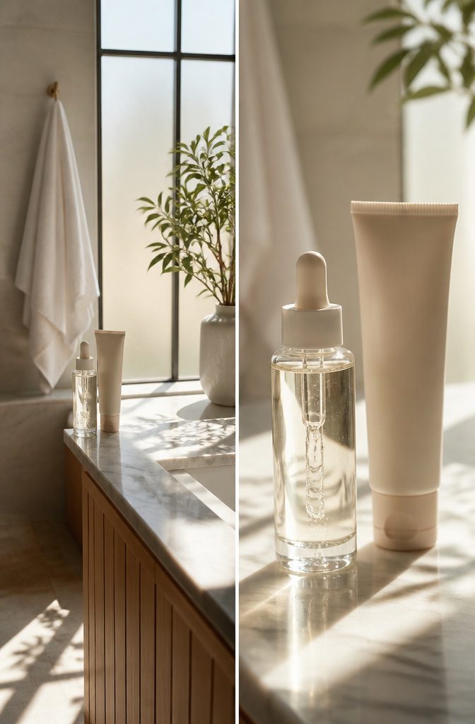 A cleanser and moisturizer displayed on a bathroom counter.