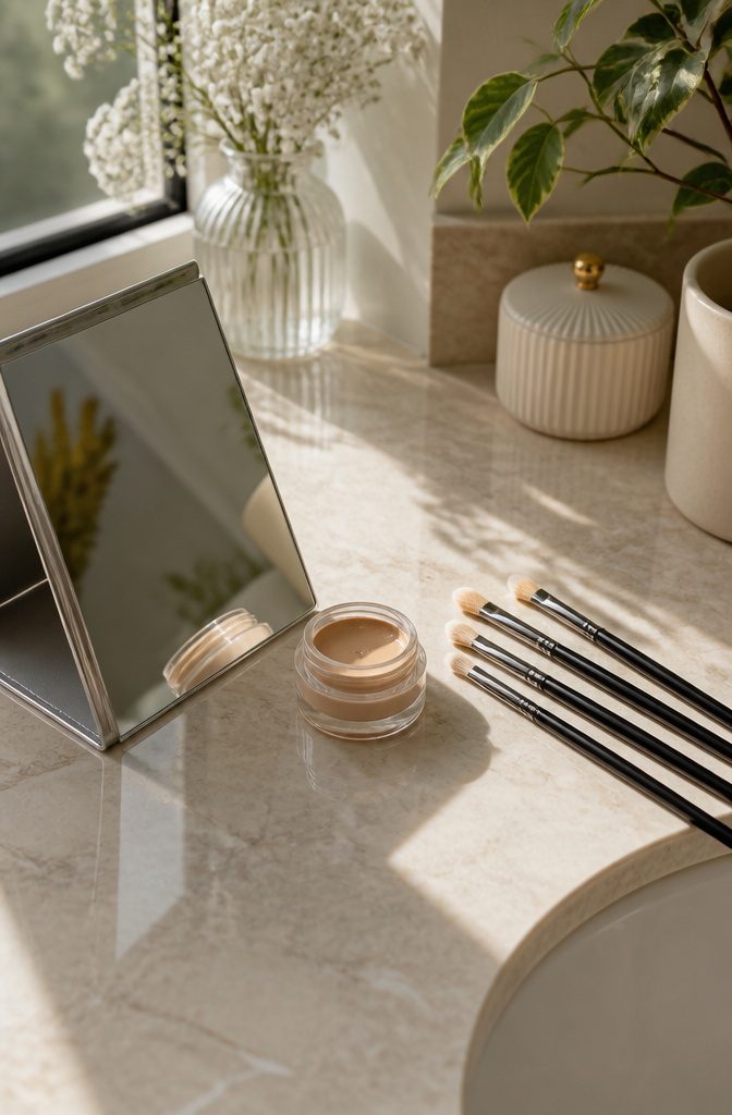 A jar of concealer next to a compact mirror and mini brushes.