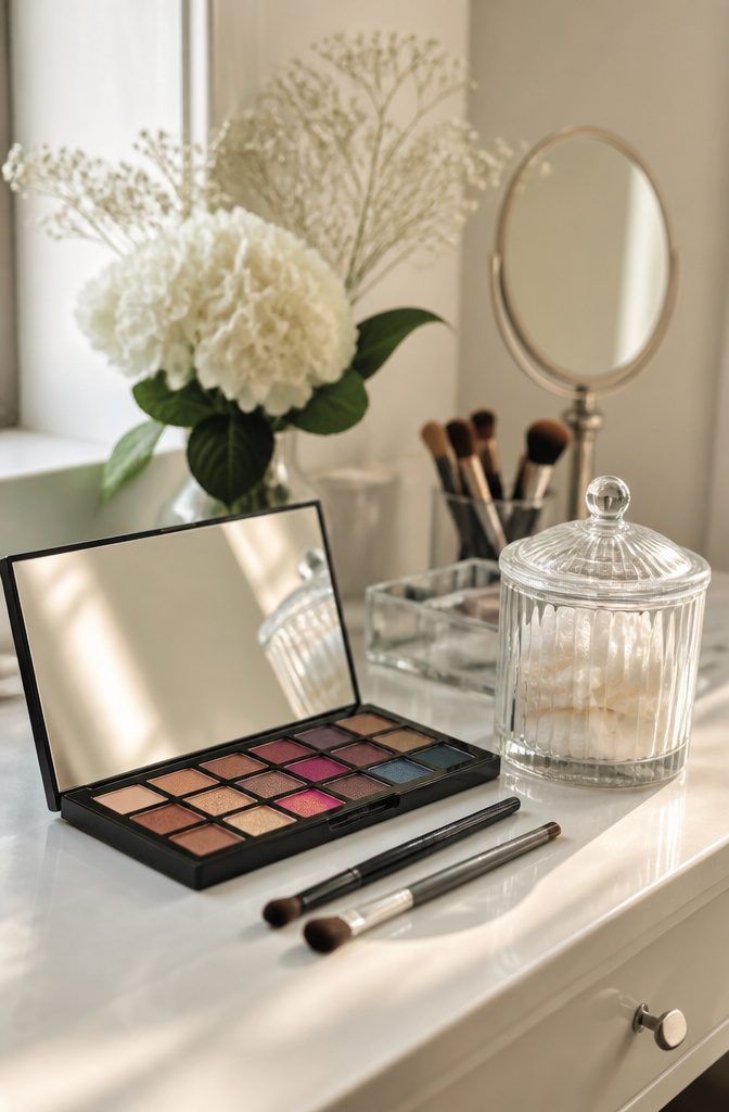 Open eye shadow palette with brushes on a white countertop.