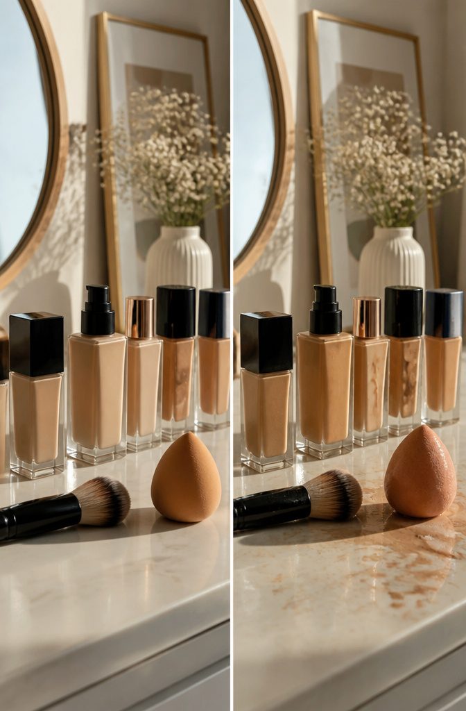 Foundation bottles displayed on a countertop with a compact mirror.