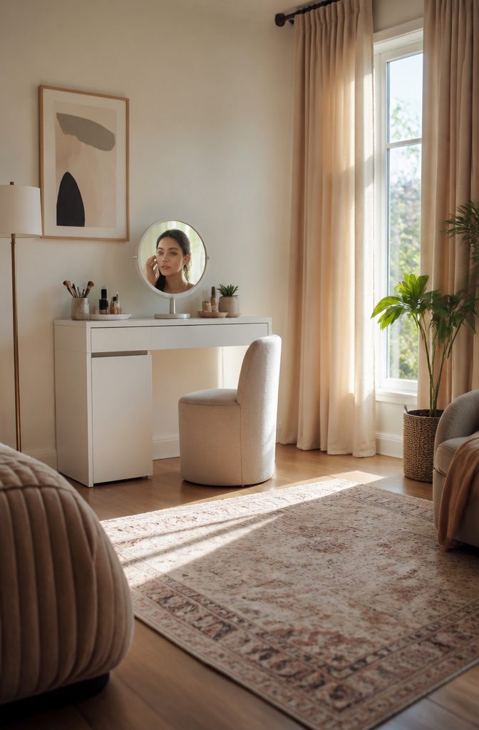 A handheld mirror reflecting a bathroom setting with makeup.