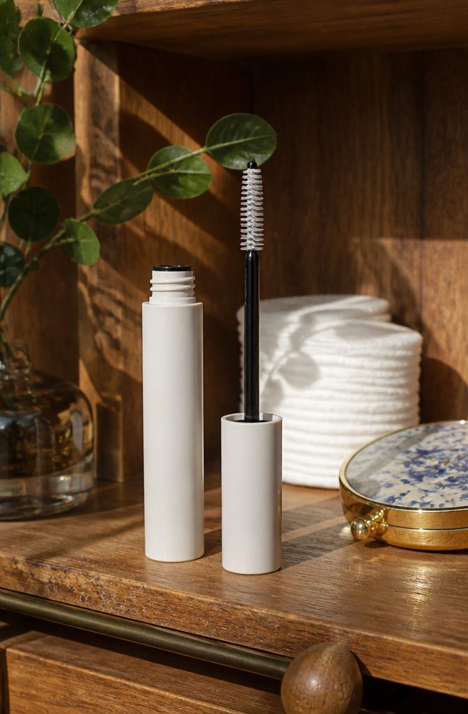A tube of lash primer and a mascara wand on a wooden shelf.