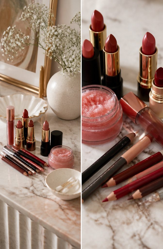 Lip products and tools for prepping and defining lips on a counter.