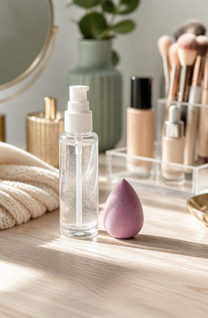 A transparent makeup primer bottle next to a sponge on a vanity.