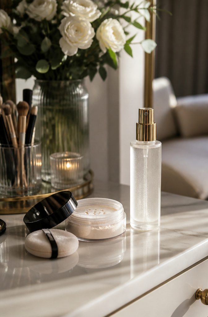 A jar of setting powder and a spray bottle on a vanity.