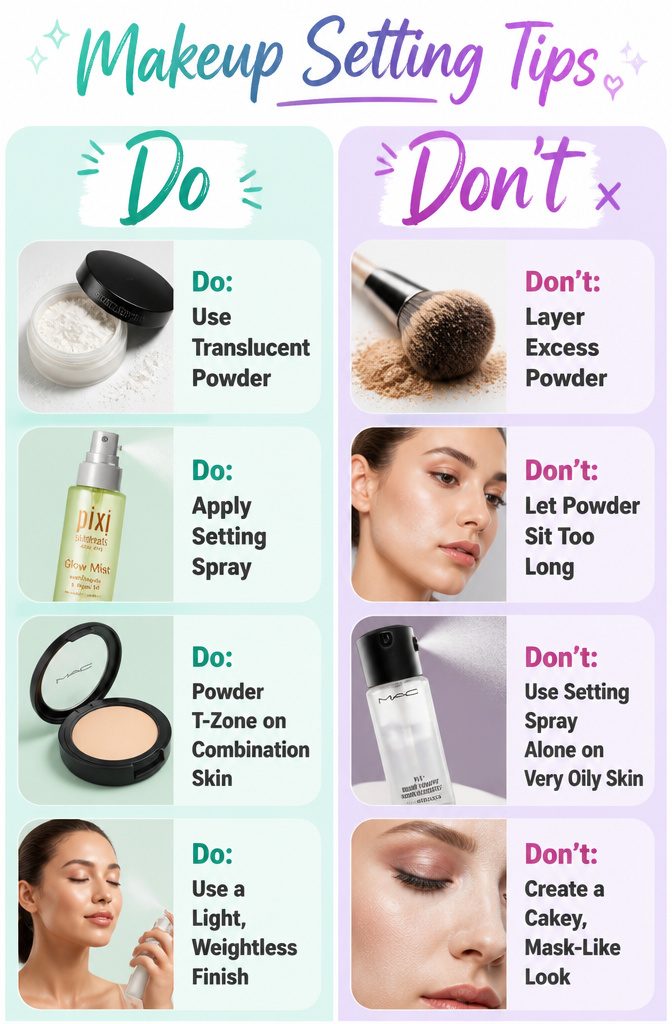 A visual guide on makeup setting tips for different skin types.